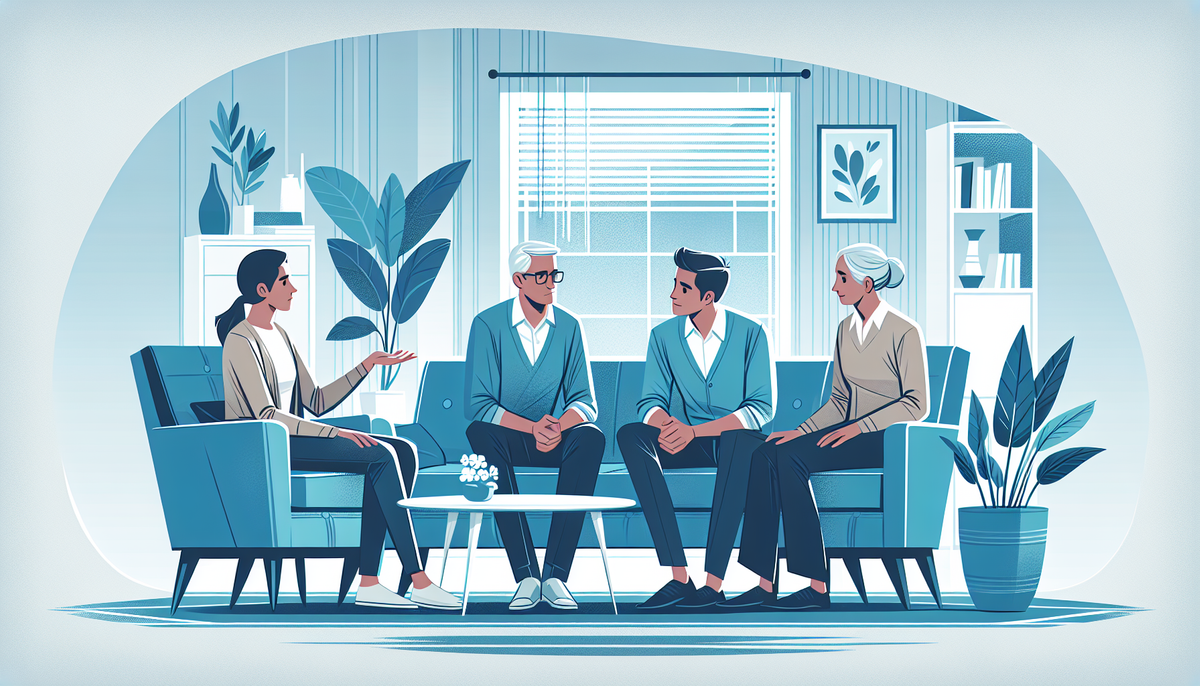 A family sitting together in a living room having a conversation. The scene should include an older couple (the parents) and two adult children. They should appear engaged and open, not uncomfortable or distressed, to illustrate the importance of discussing end-of-life wishes. Use shades of blue to accentuate objects like furniture, clothing, and decor.