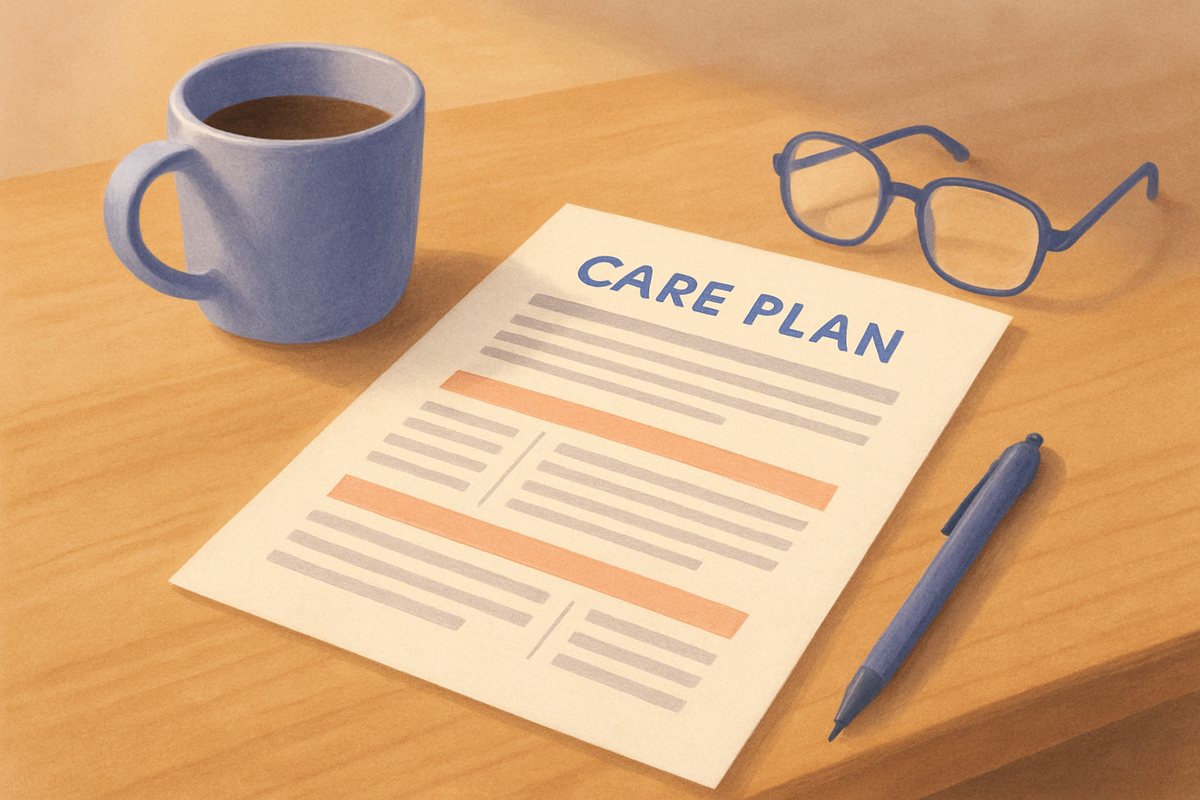 A printed one-page care plan resting on a kitchen table with a coffee mug and reading glasses