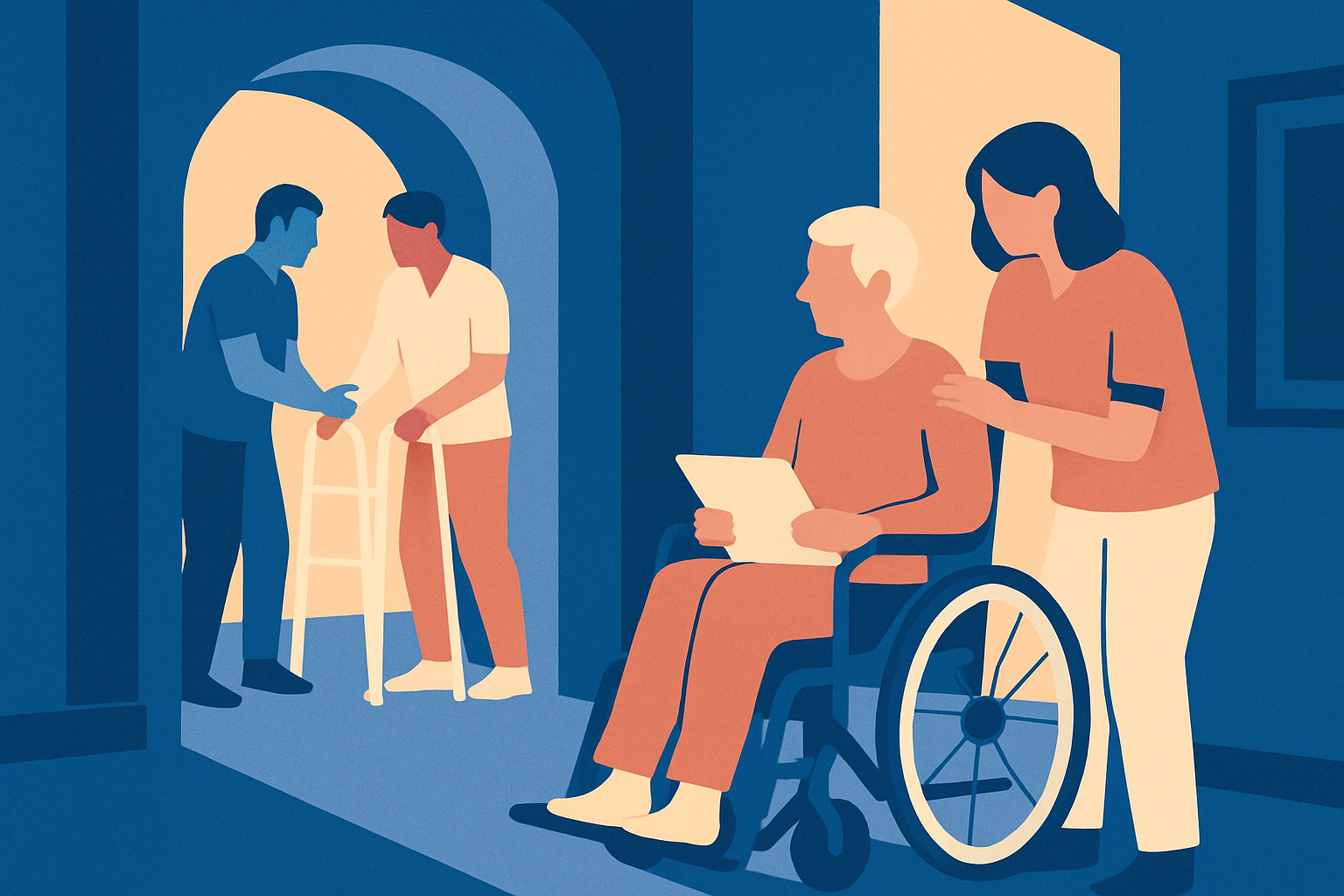 Care staff assist an older person with a walker and another in a wheelchair holding a paper