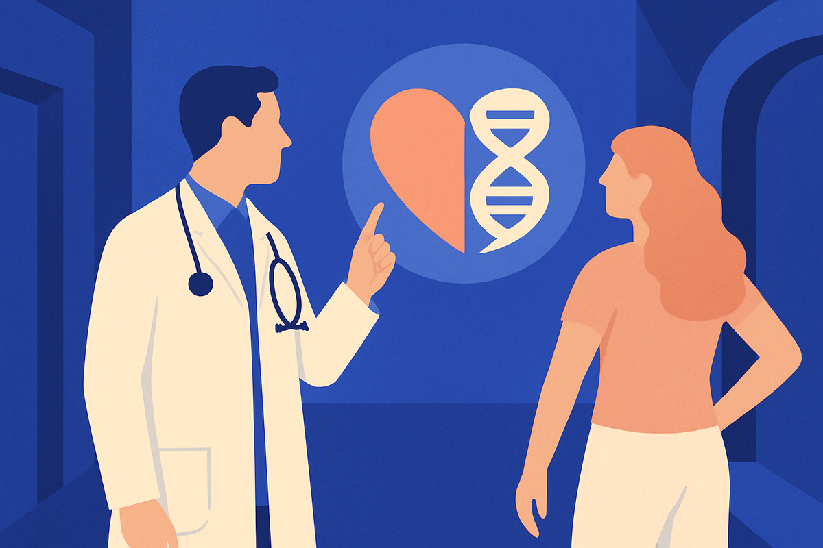 A doctor talks with a woman beside a circular icon split between a heart and a DNA helix