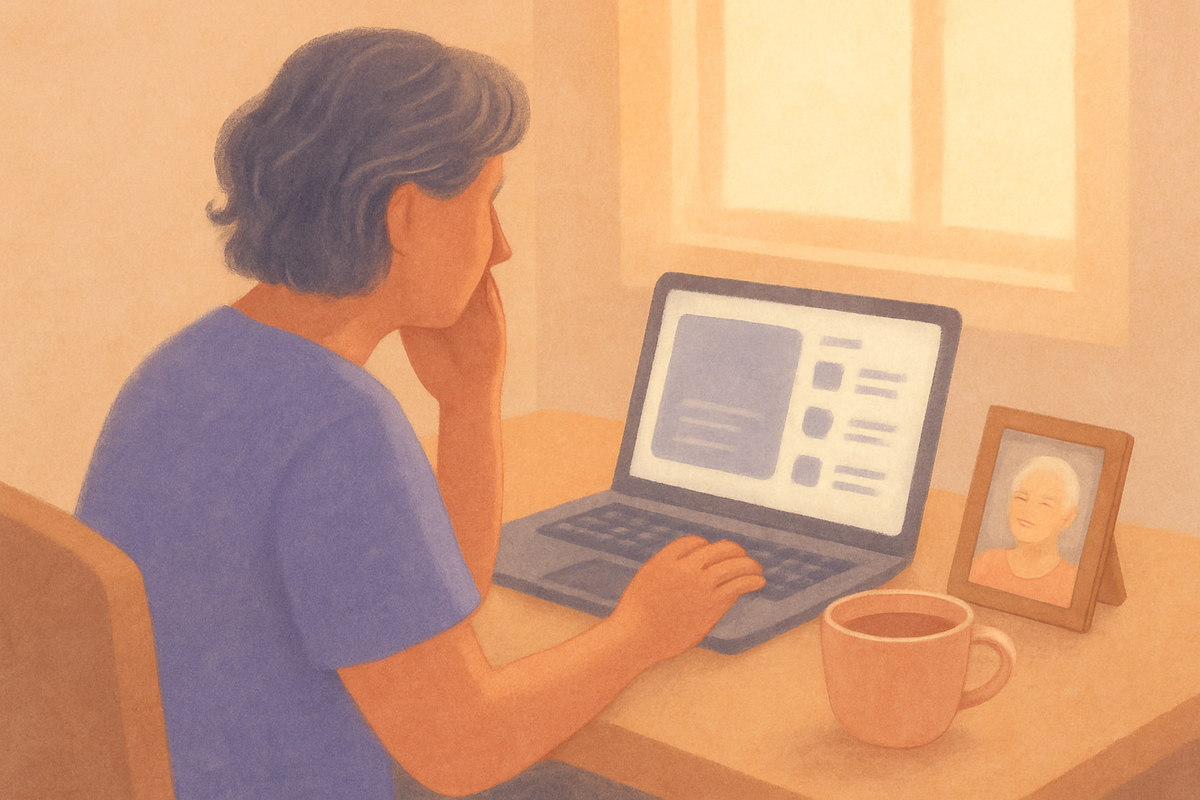 A daughter on a phone call at her kitchen table, reviewing a printed care plan for her elderly parent in another state