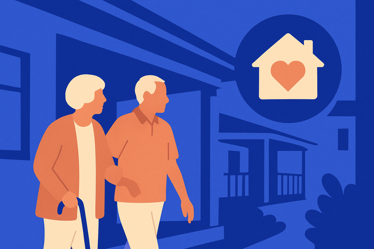 An older couple walk arm in arm past an apartment building, a house-and-heart icon nearby