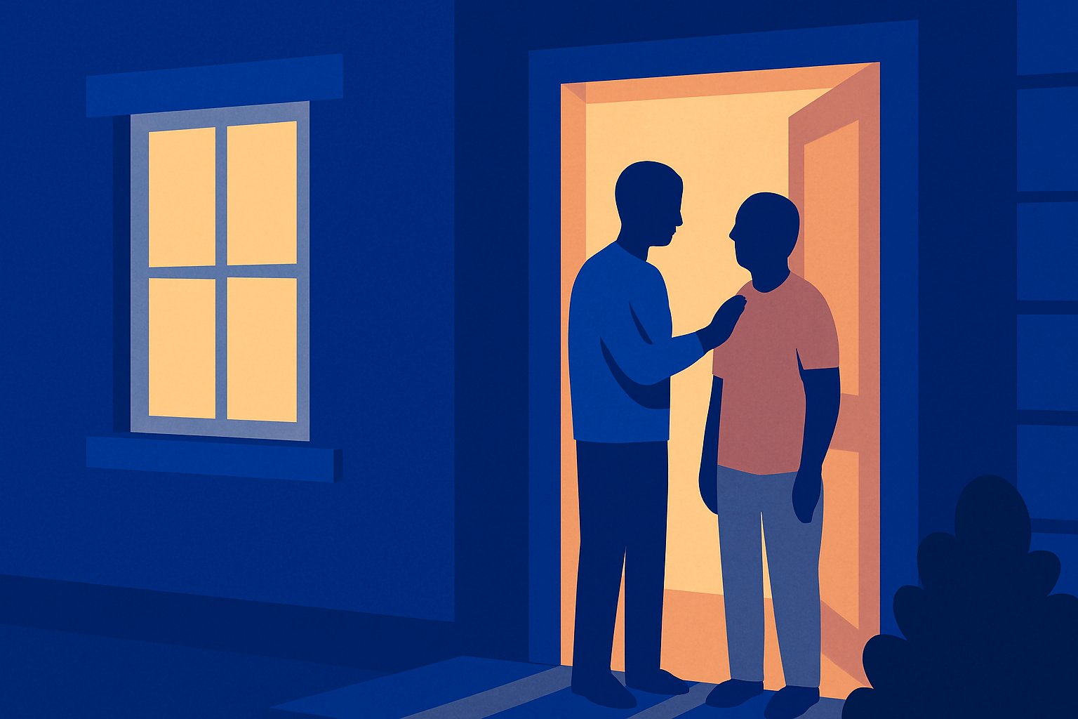 A man rests a hand on an older man shoulder in a lit doorway at night