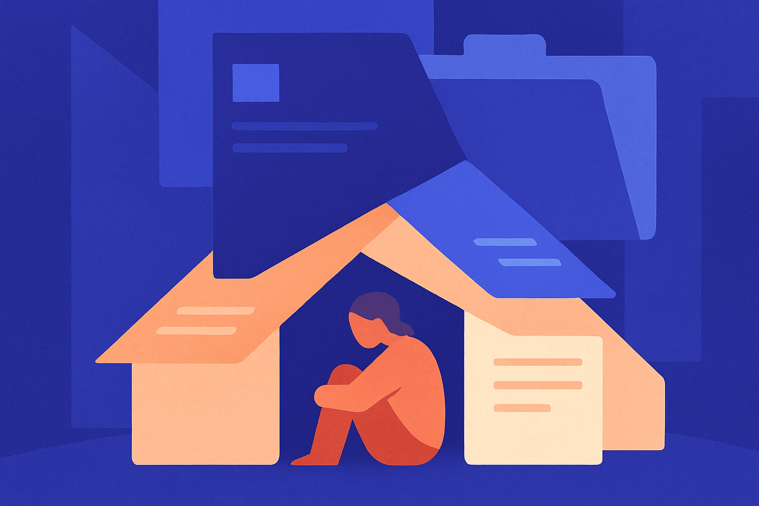 A person sits hunched beneath a house formed of documents and a folder
