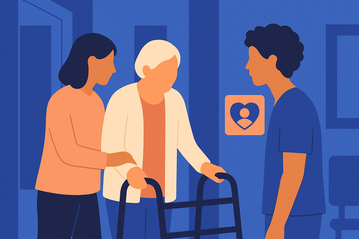 A woman and a care worker help an older woman with a walker, a heart-and-person icon nearby