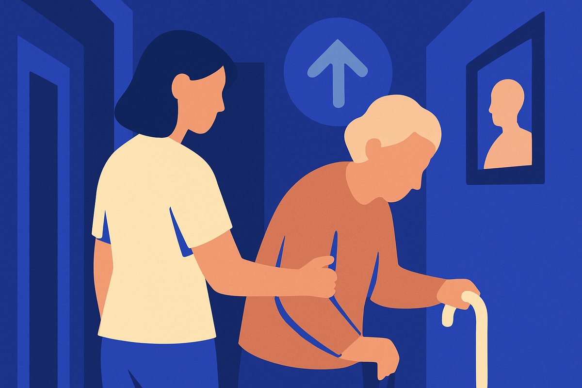 A care worker helps an older woman with a cane, an upward arrow and a portrait nearby
