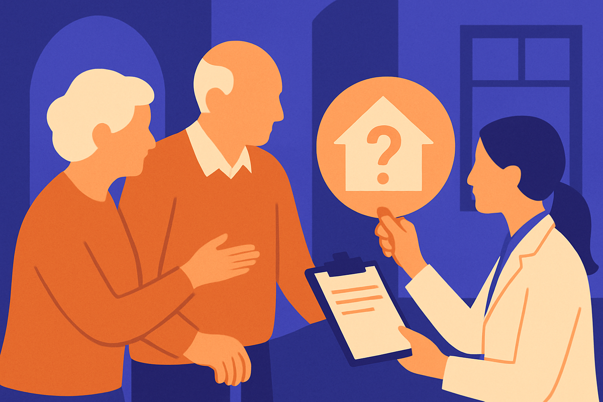 An older couple talk with a clinician holding a clipboard and a house icon with a question mark