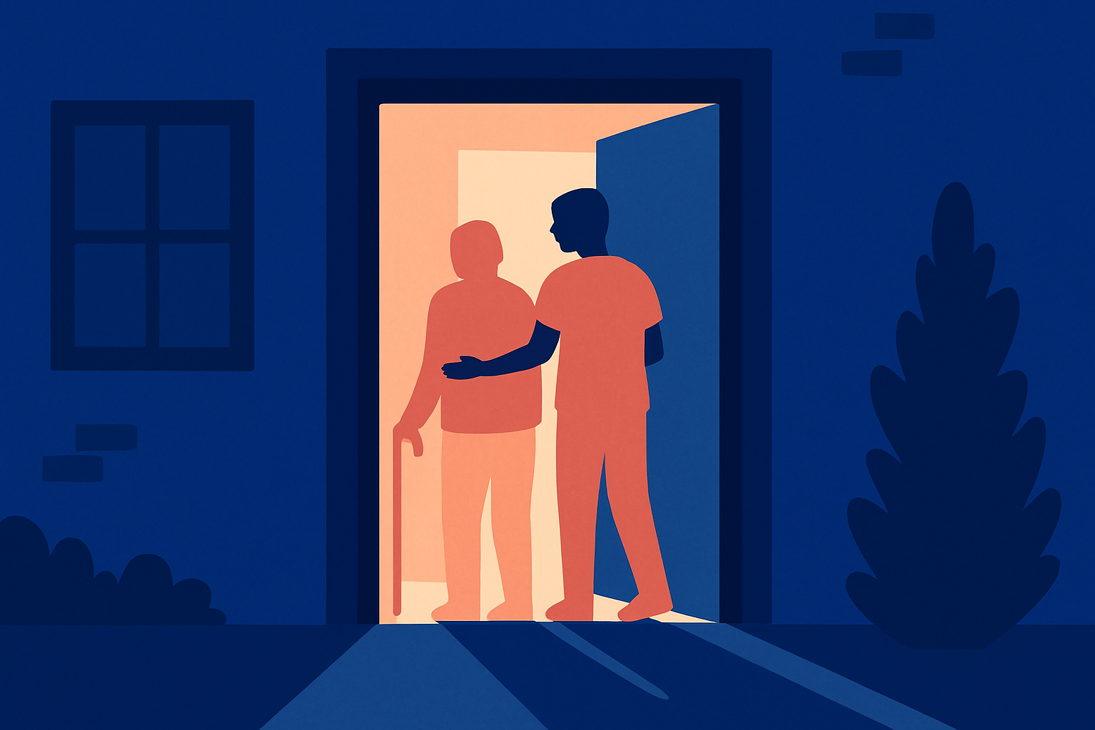A care worker supports an older person with a cane in a lit doorway at night