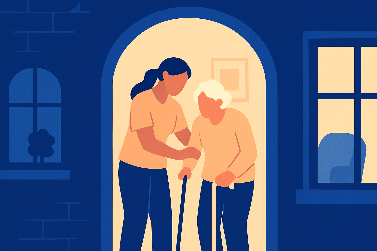 A caregiver helps an older woman with a cane through a lit archway at night
