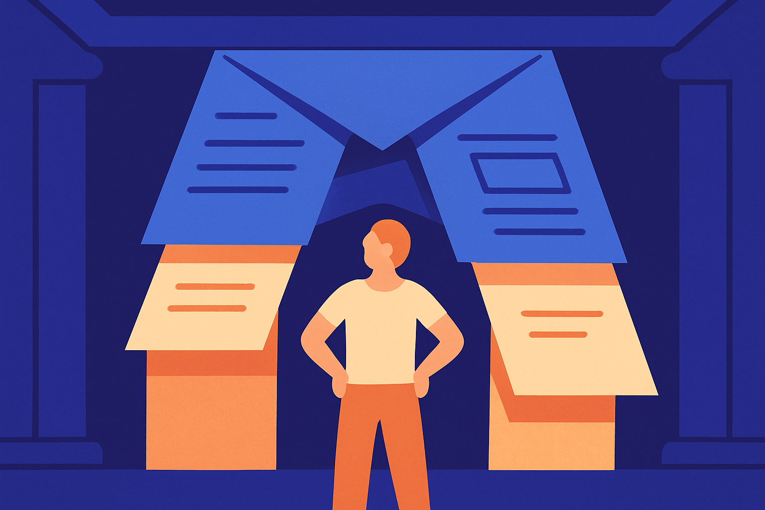 A person stands beneath floating documents and an envelope framed by columns