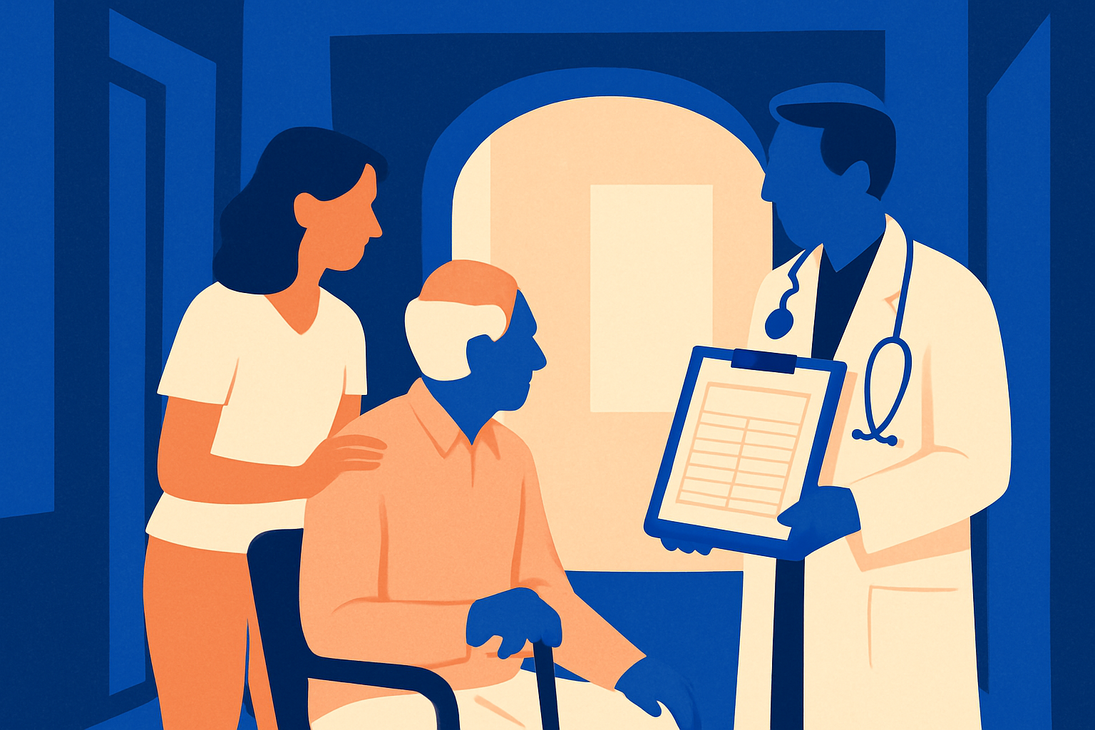 A woman supports a seated older man with a cane as a doctor shows a clipboard