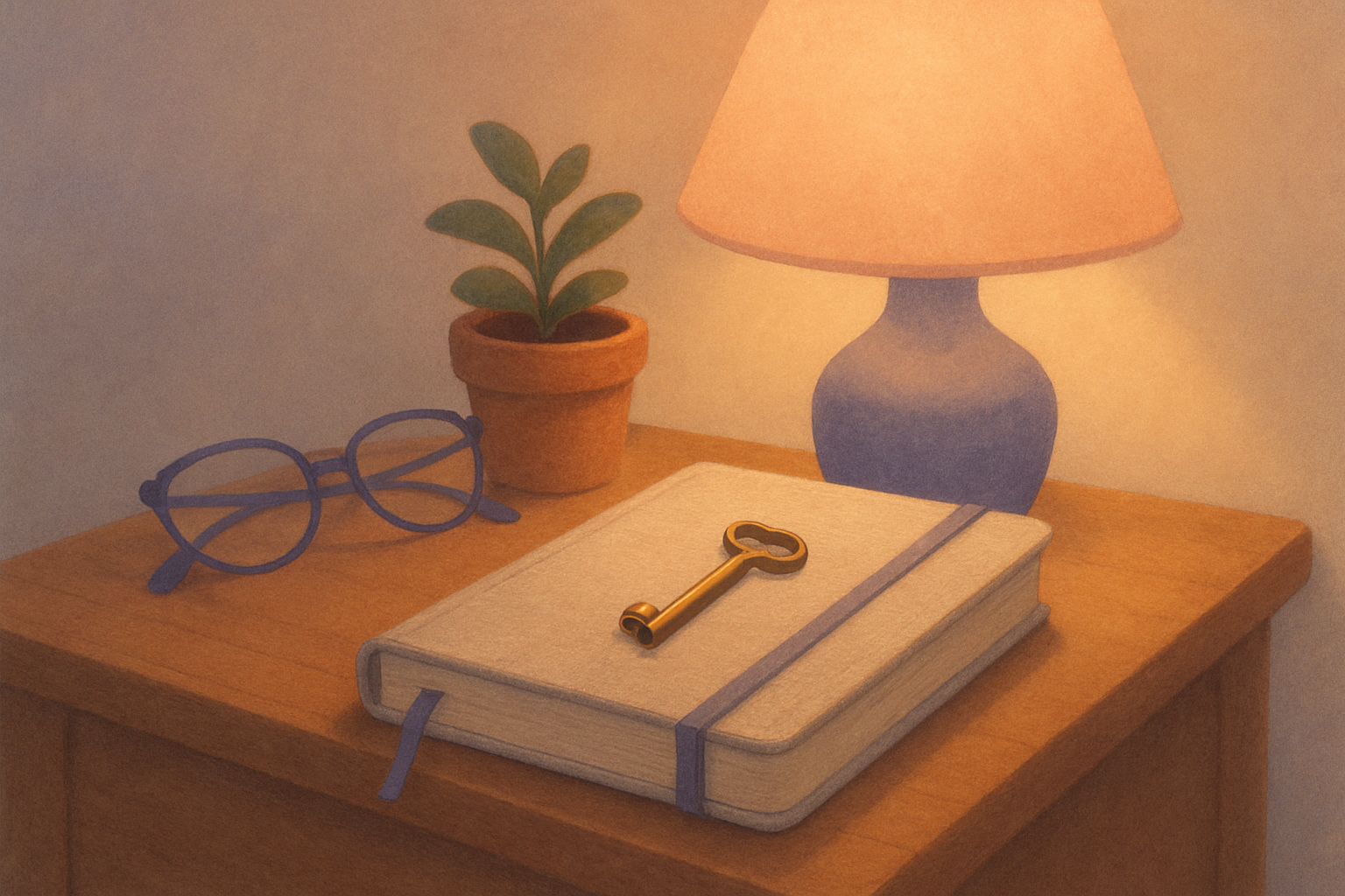 A small brass key resting on a closed linen-covered journal on a wooden nightstand in warm lamplight, with reading glasses and a small potted plant beside it