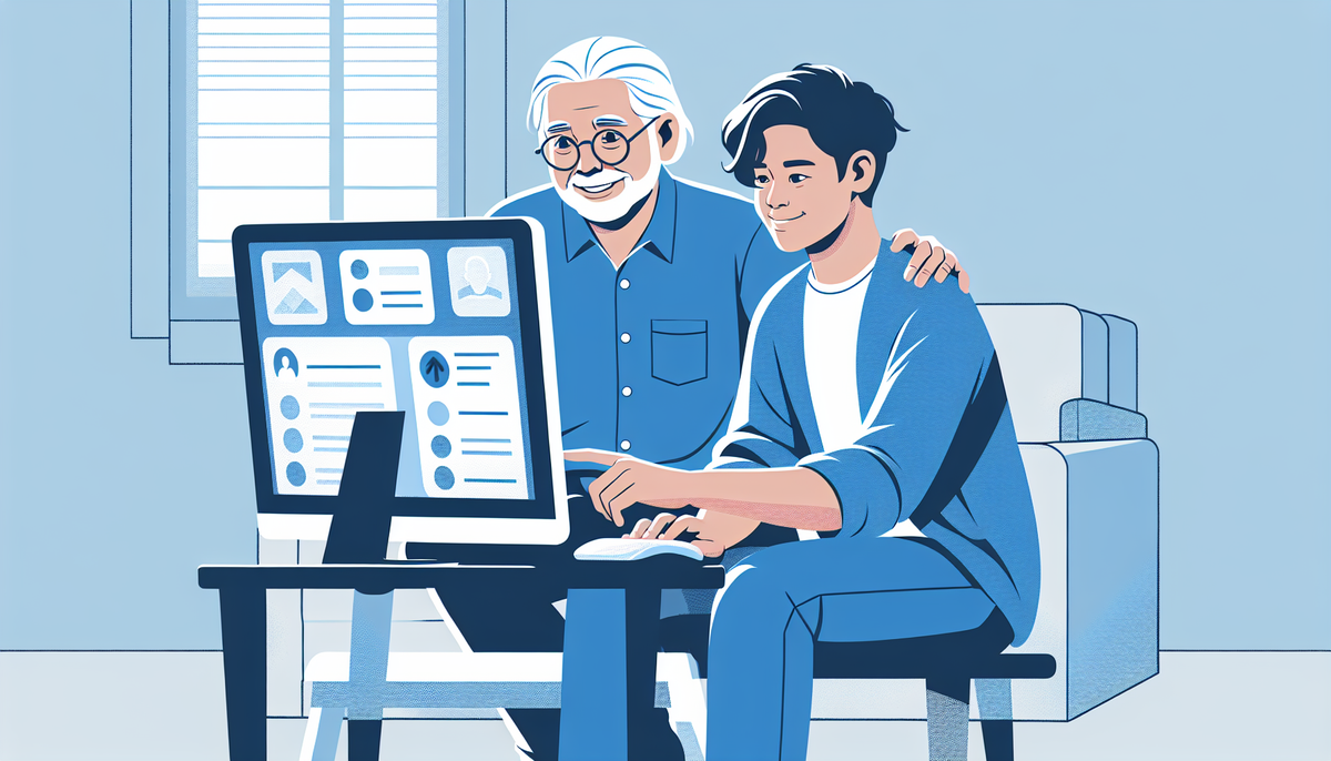 Create a vector art of an elderly parent and adult child together, looking at various options on a computer screen. The parent is seated, pointing at the screen with a confident smile, while the child is leaning over to look, clearly respecting the parent's opinion. The scene should be set in a home environment with a cool, calming blue palette.