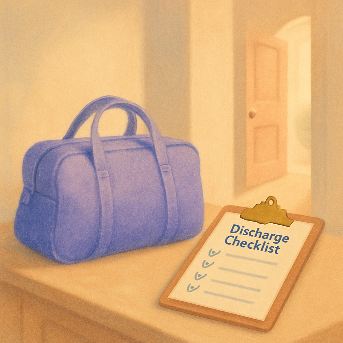 A discharge checklist on a clipboard beside a packed overnight bag