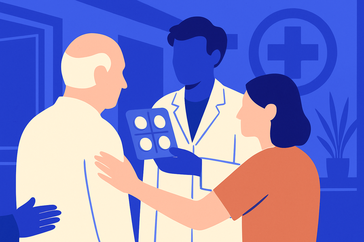 An older woman hands a pill bottle to a doctor, a capsule icon beside them