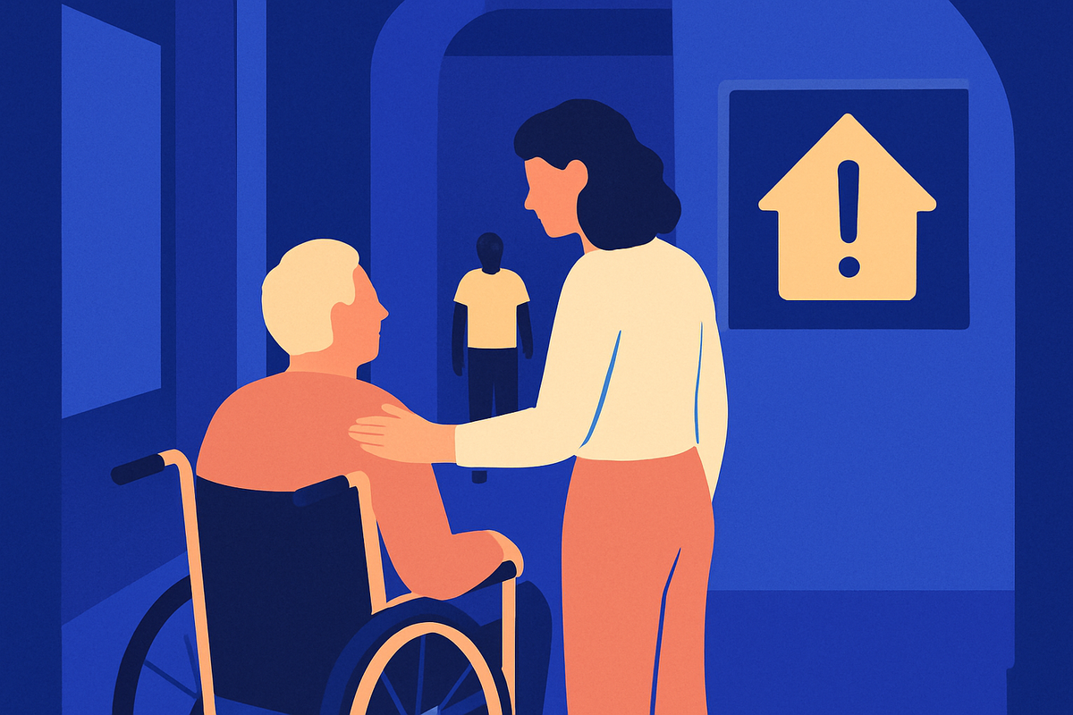 A woman rests a hand on an older man in a wheelchair, a house alert icon on the wall