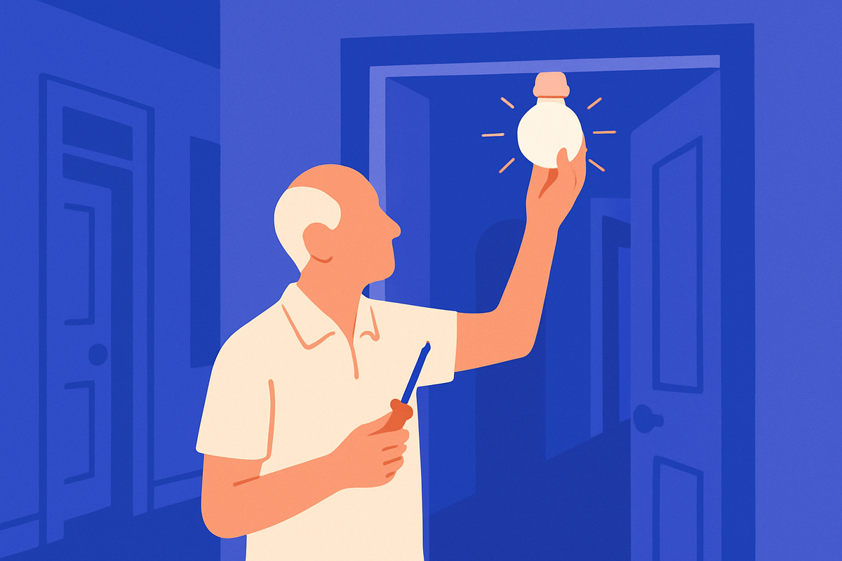 An older man holds up a light bulb and a screwdriver in a hallway