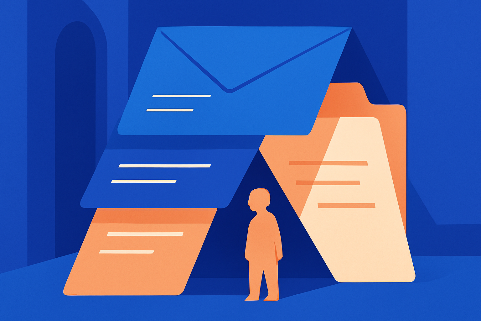 A small figure stands beneath large documents, an envelope, and a folder