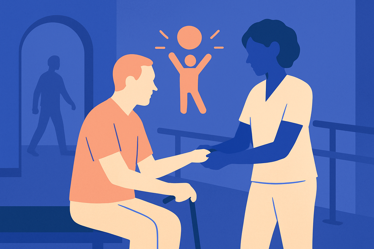 A care worker does resistance-band therapy with a seated older man, an active-figure icon nearby