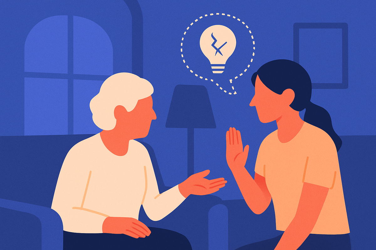 An older woman talks with a younger woman, a broken-lightbulb thought bubble above them