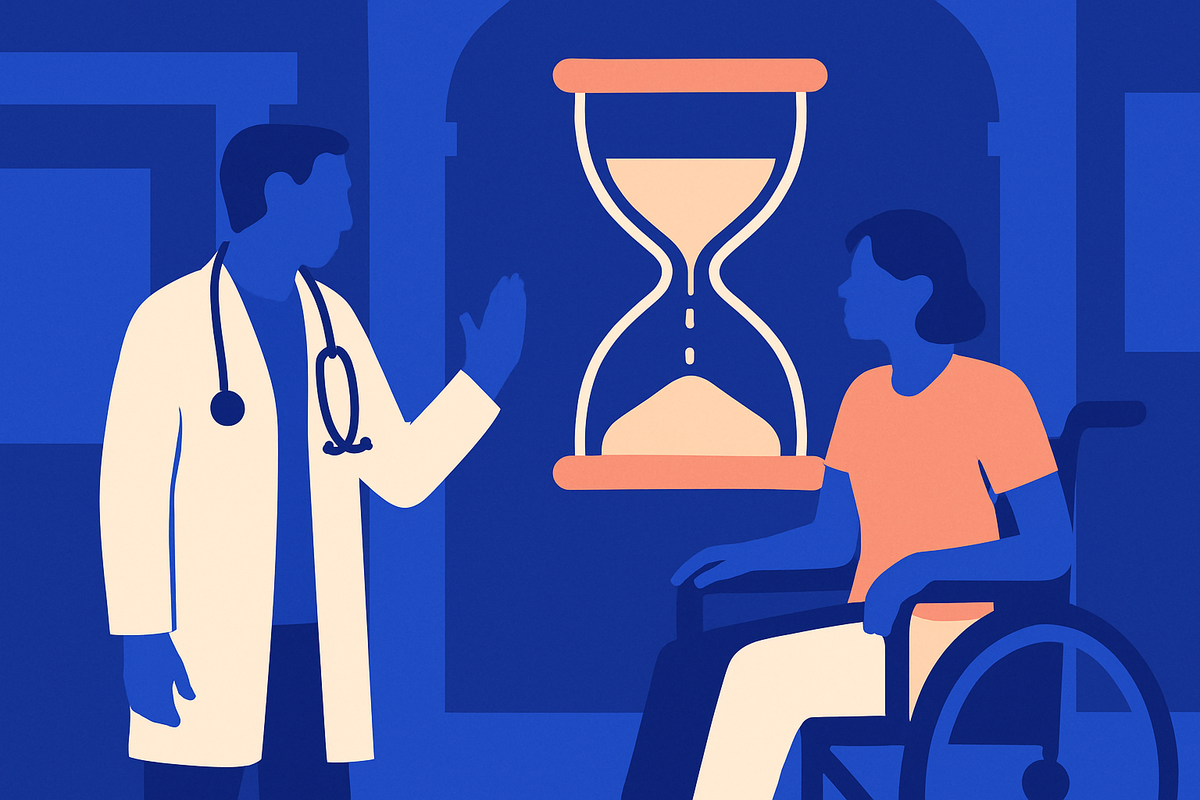 A doctor gestures to an older woman in a wheelchair beside a large hourglass