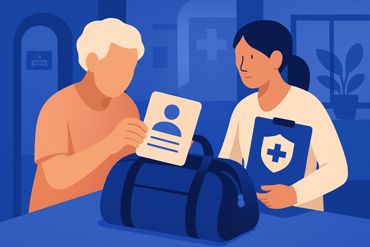 An older person holds an ID card by a duffel bag as a care worker holds a medical clipboard