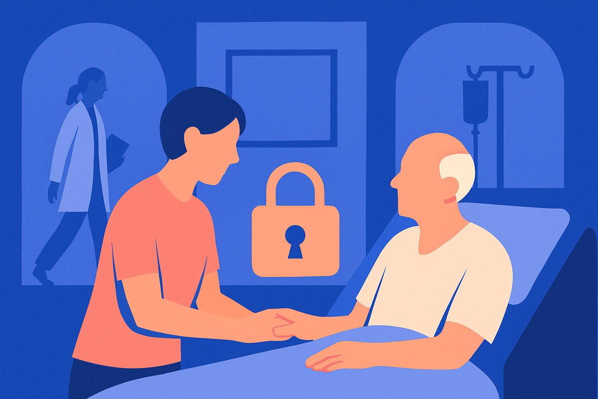 A young person holds an older man hand in a hospital bed, a padlock icon on the wall