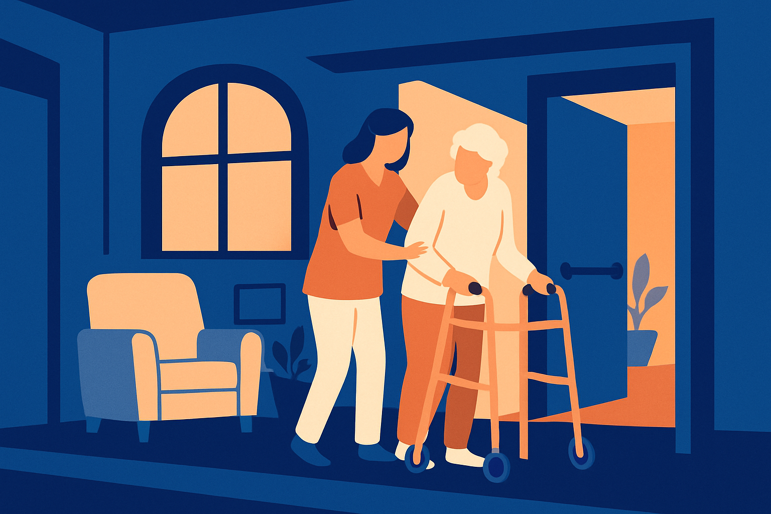 A care aide helps an older woman with a walker toward an open door at night