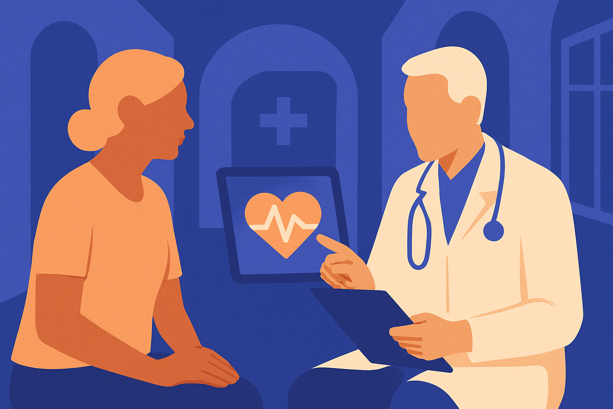 A doctor shows an older woman a tablet displaying a heartbeat symbol