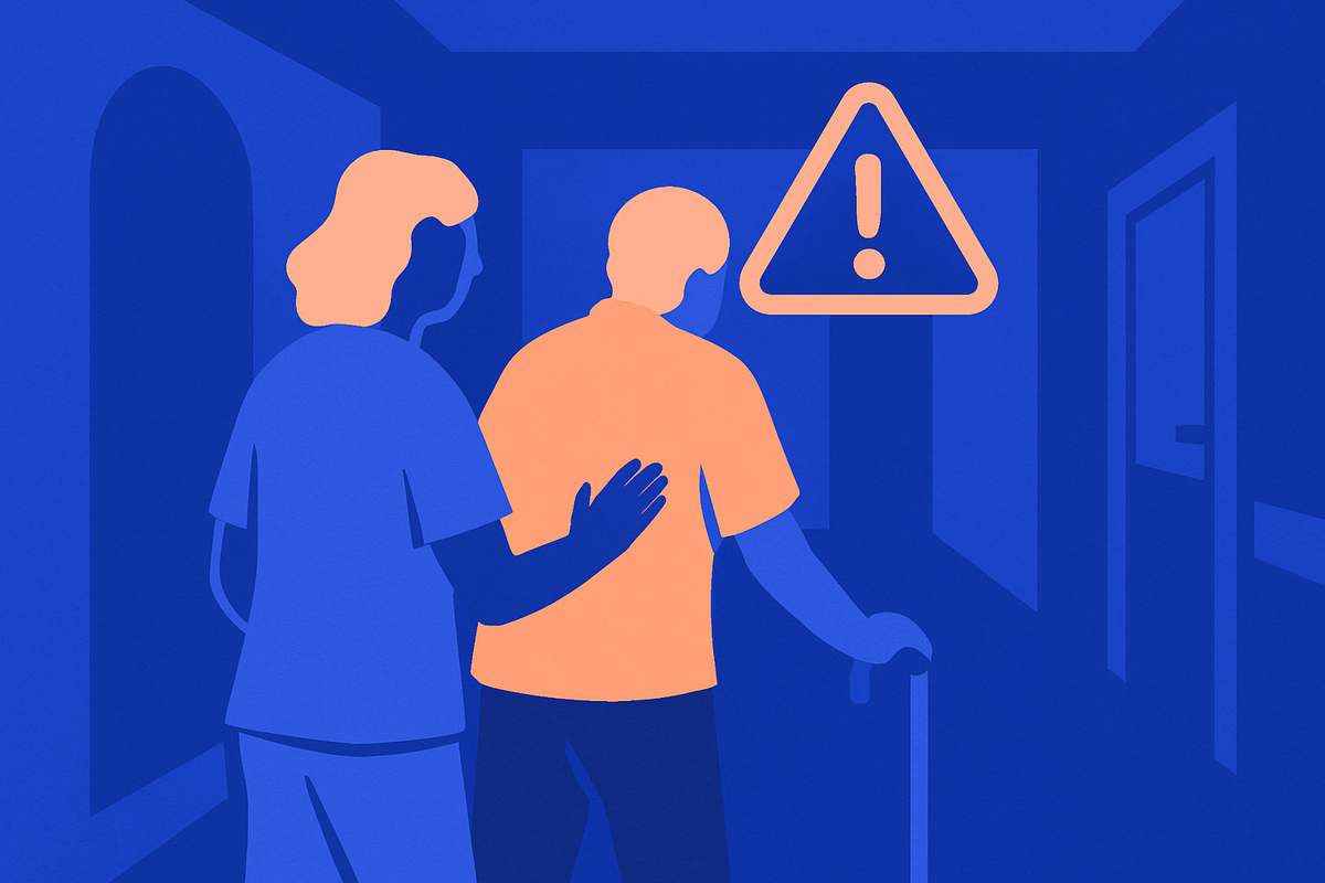 A care worker steadies an older man with a cane, a warning-triangle icon nearby