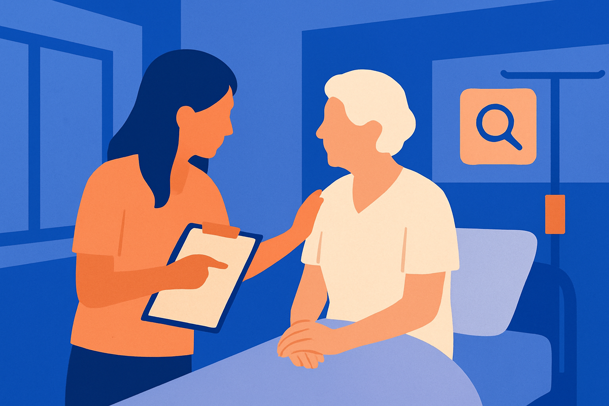 A woman with a clipboard reassures an older woman by a hospital bed, a magnifier icon nearby