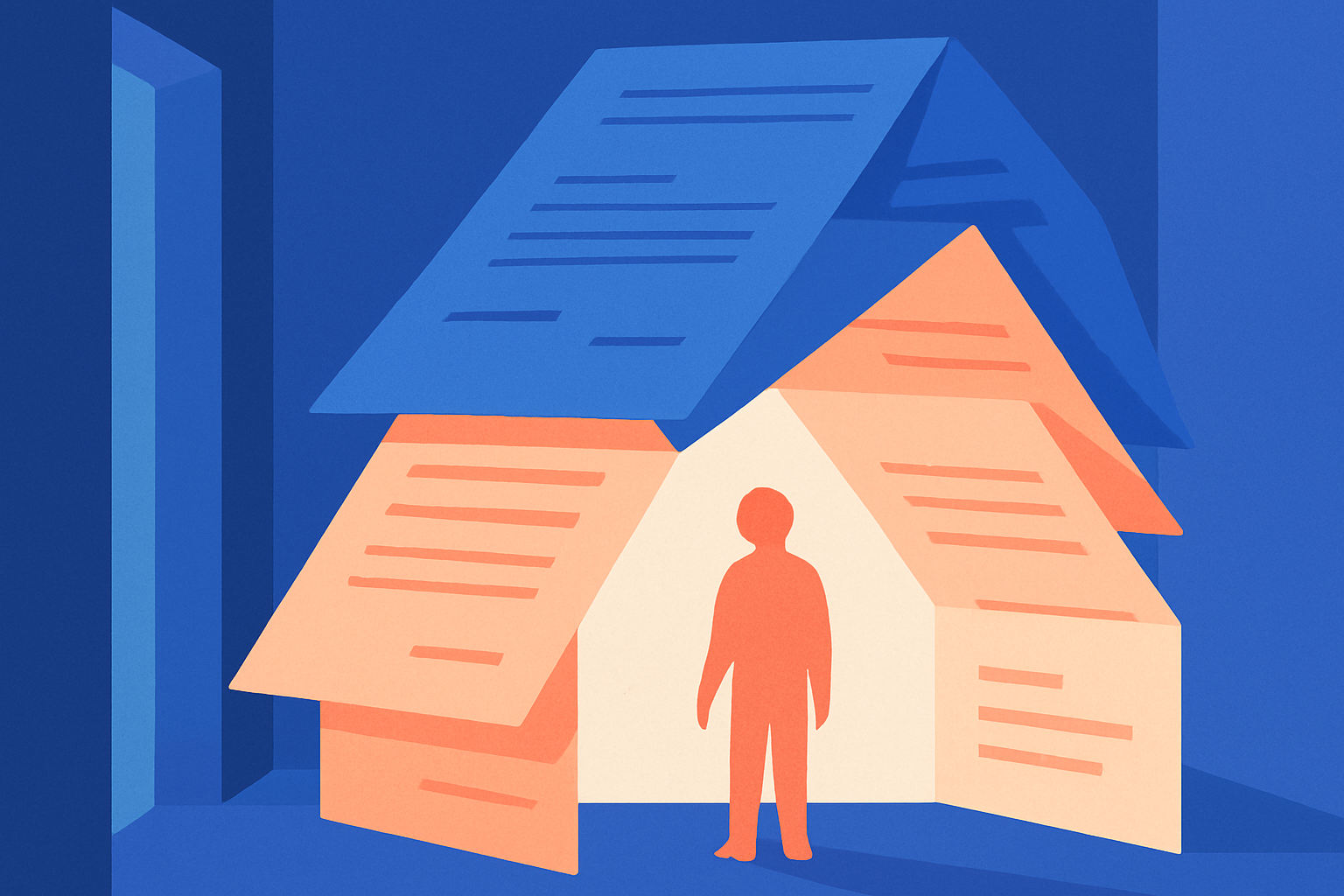 A person stands within the outline of a house formed from overlapping documents