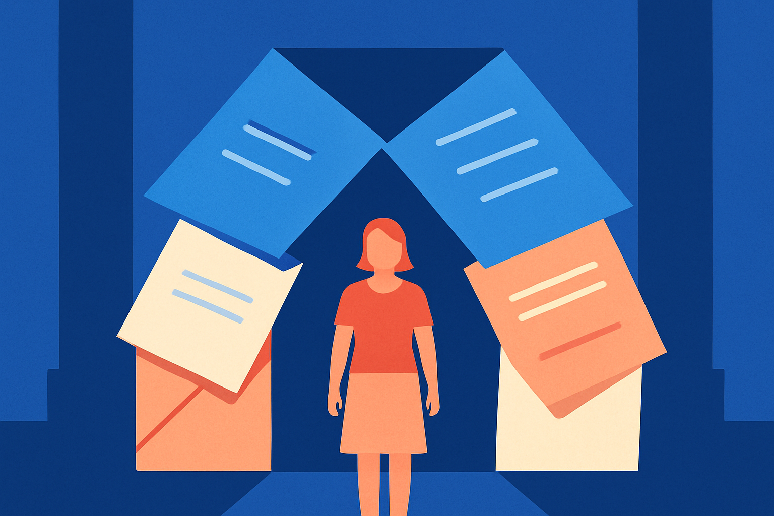 A woman stands surrounded by floating documents and an envelope