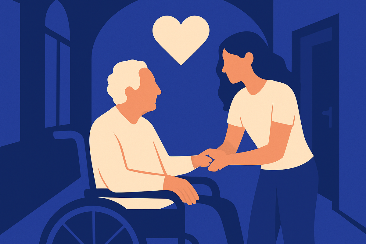 A woman holds the hands of an older man in a wheelchair, a heart floating above them