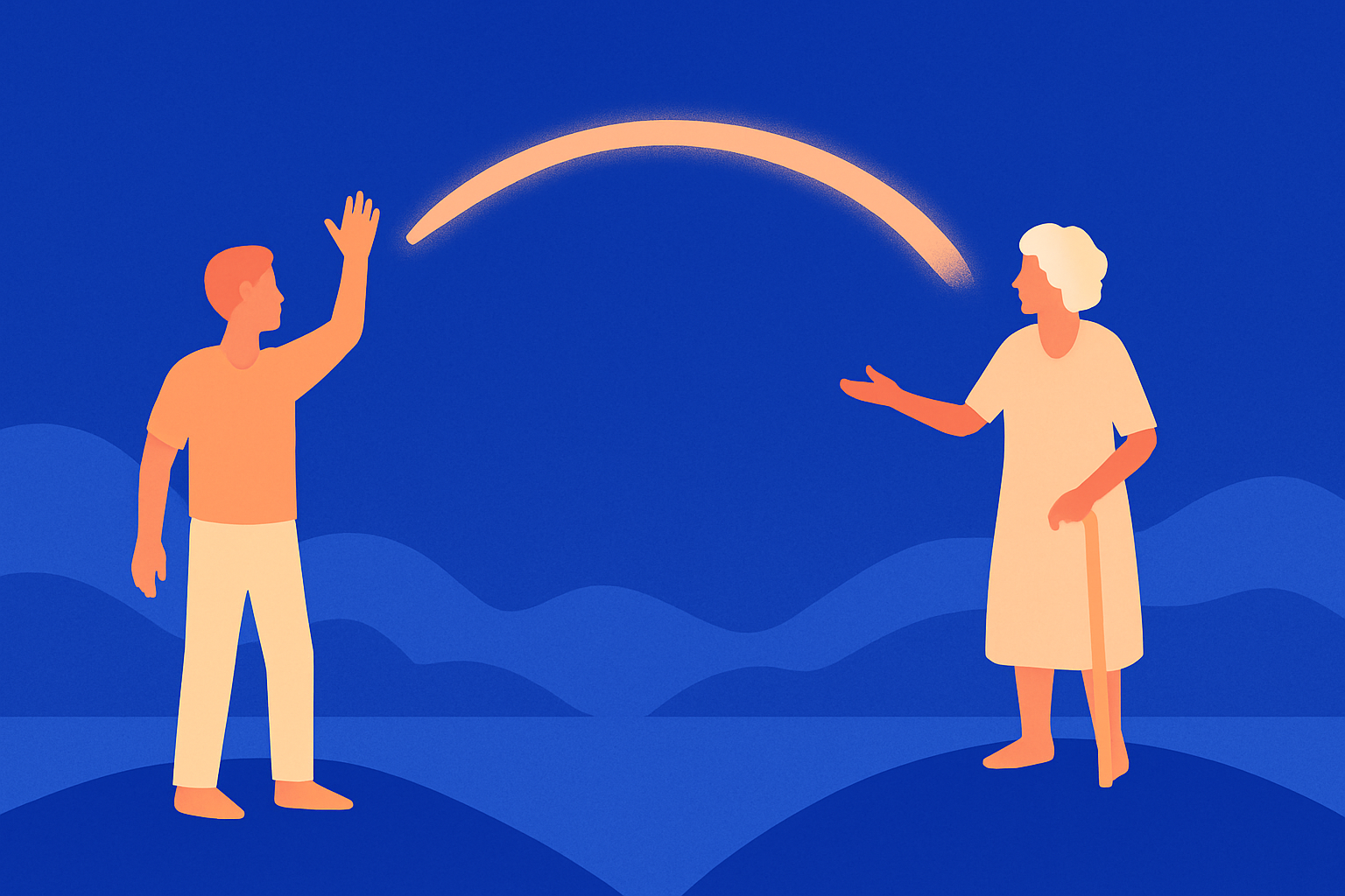 A younger man and an older woman with a cane wave across hills, linked by an arc