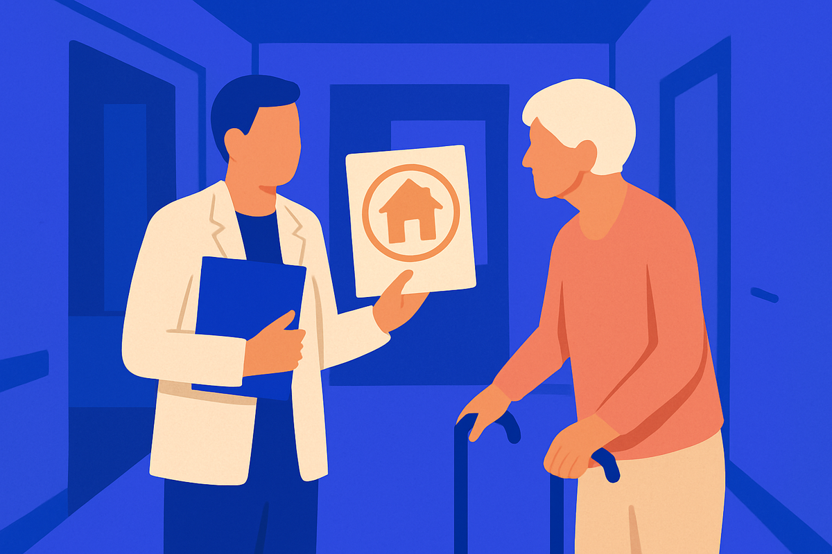 A clinician shows an older woman with a cane a card with a house icon
