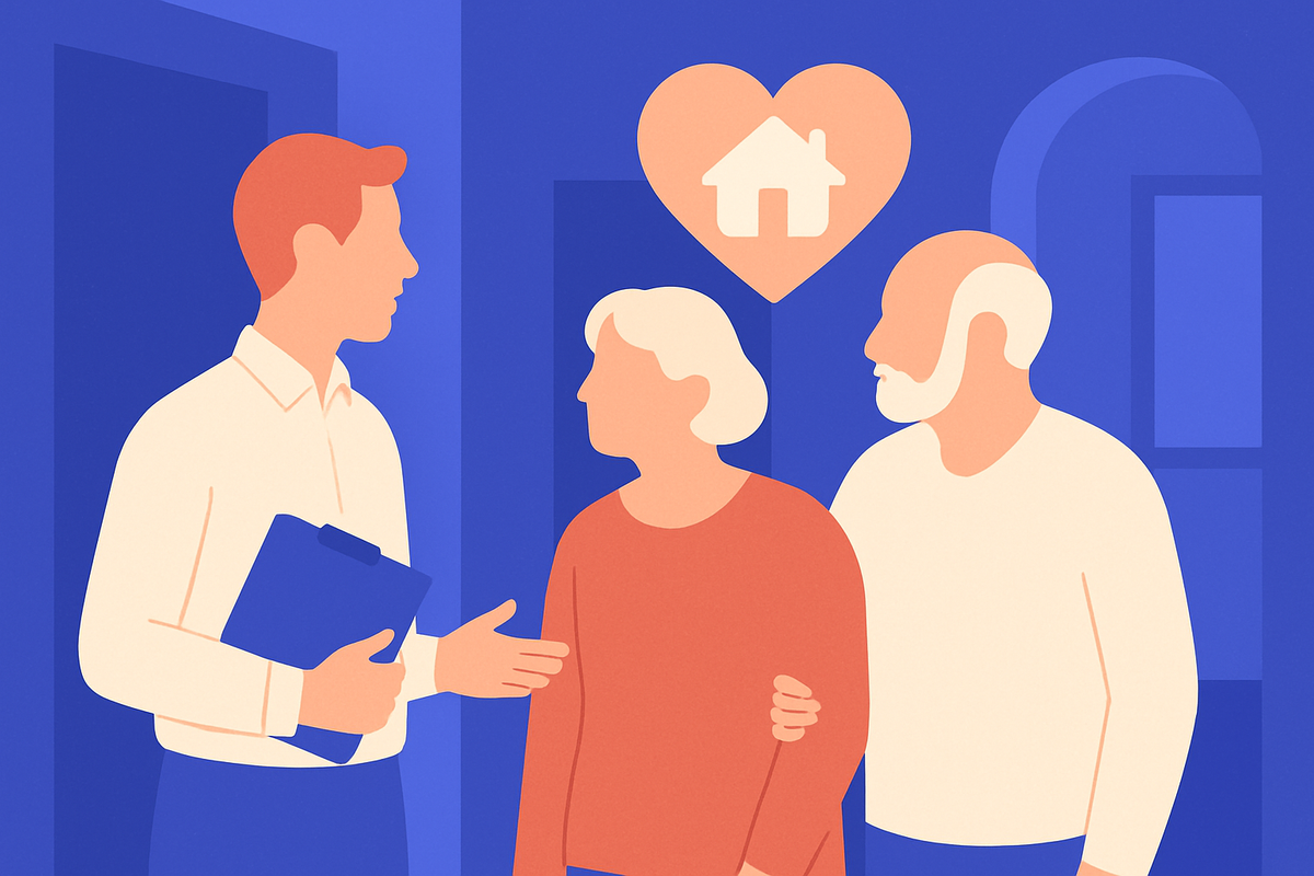 A man with a folder talks with an older couple, a house-in-heart icon above them