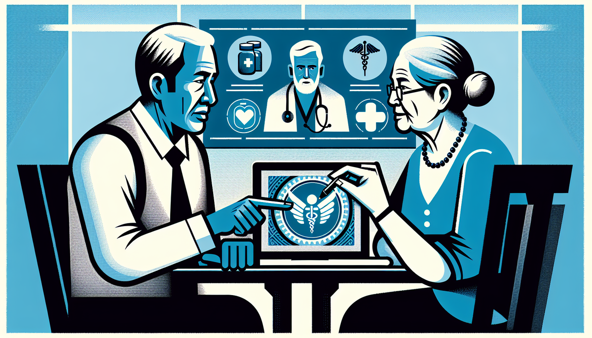Depict a stylized vector art illustration of a senior couple sitting at a table, discussing Medicare. One of them could be pointing at a document or a laptop screen showing a graphic of a doctor, hospital, and medication symbols, representing what Medicare covers.