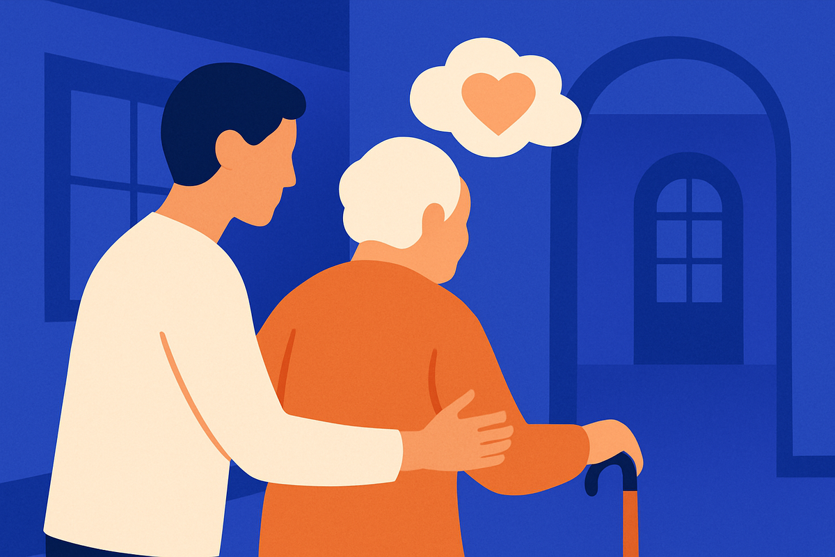 A young man embraces an older woman using a cane, a heart in a thought bubble above