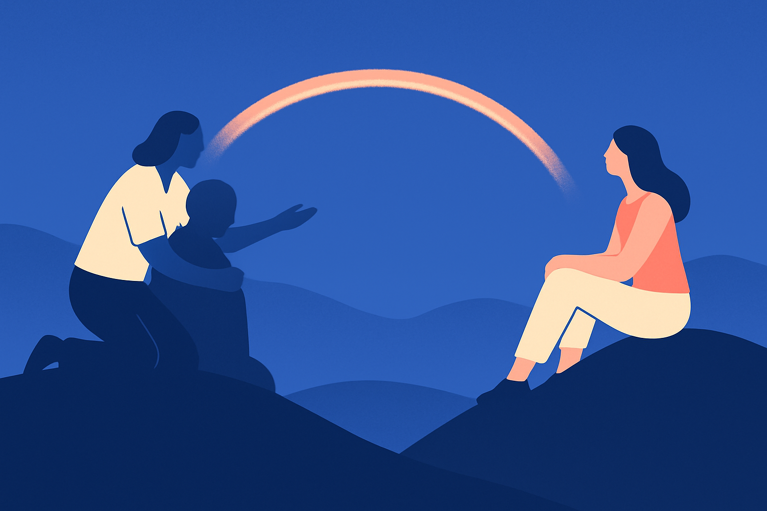 Three people on hills at dusk, two embracing, an arc across the sky