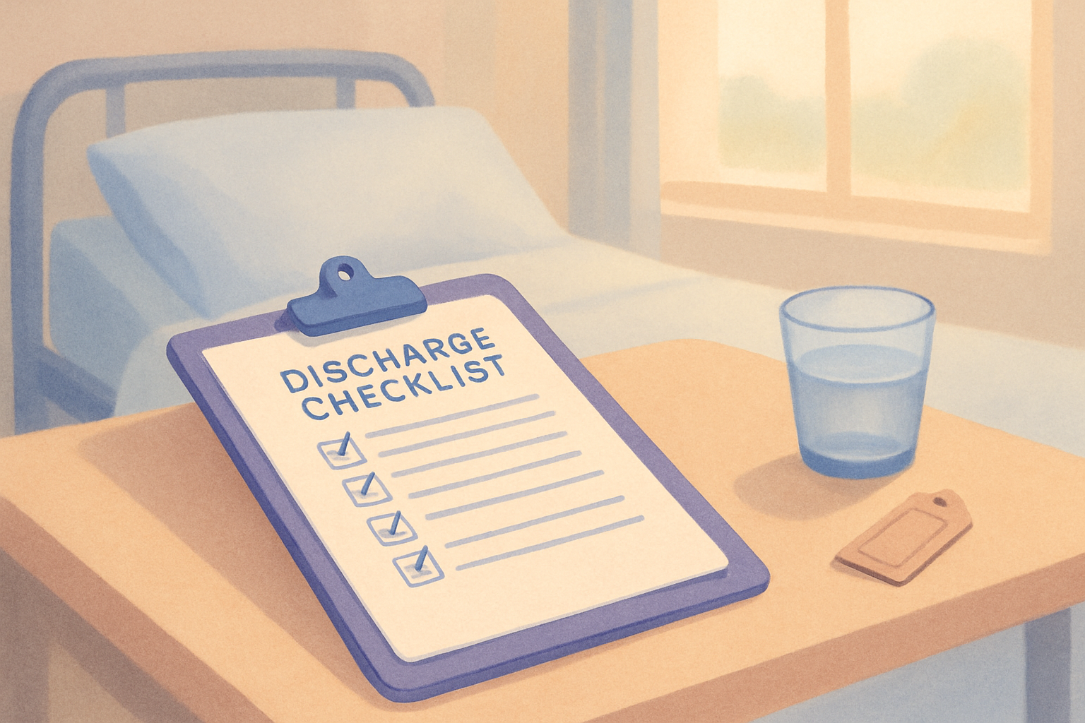 A printed discharge checklist on a clipboard beside a hospital bedside table