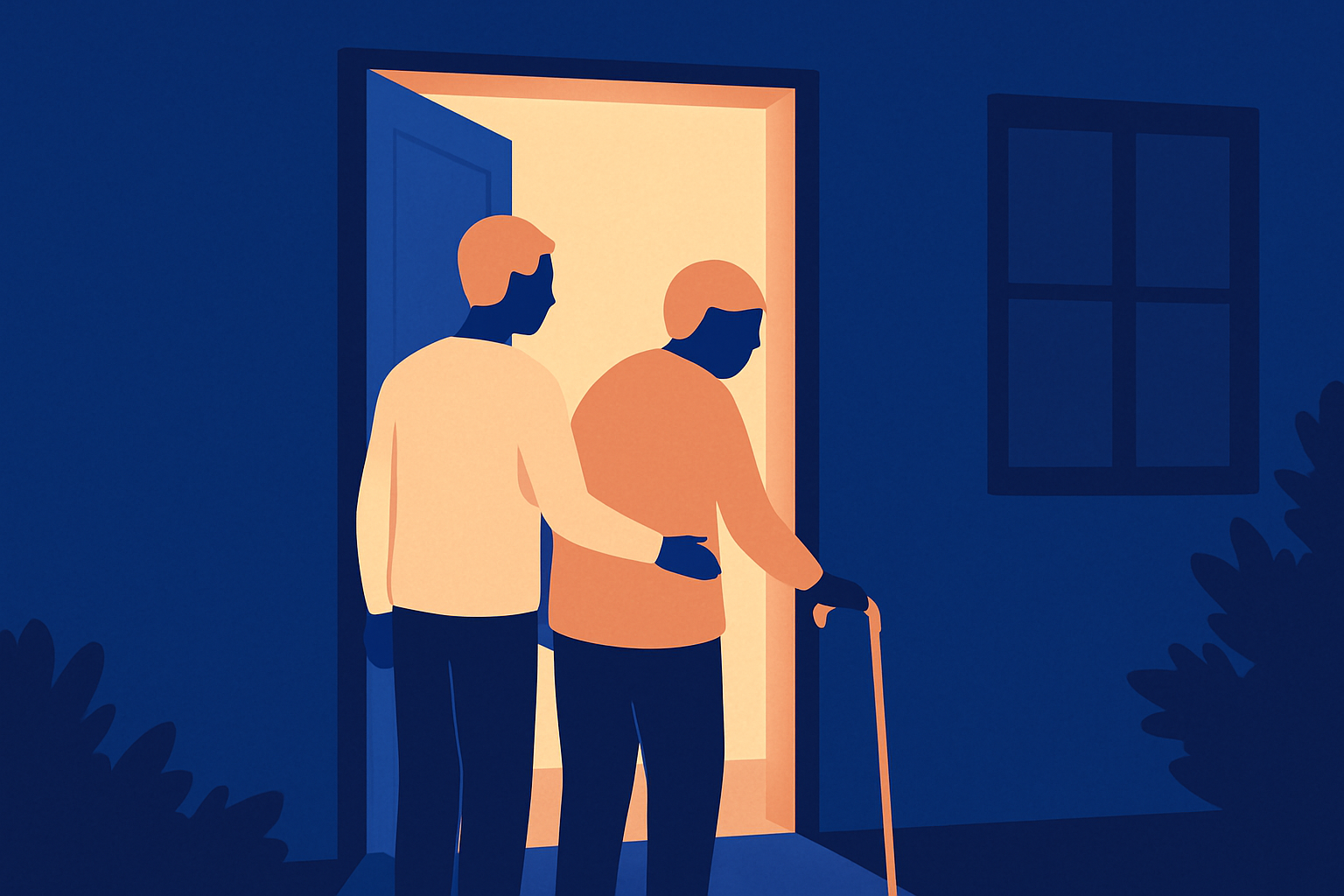 Two people enter a lit doorway at night, one with an arm around the other who uses a cane