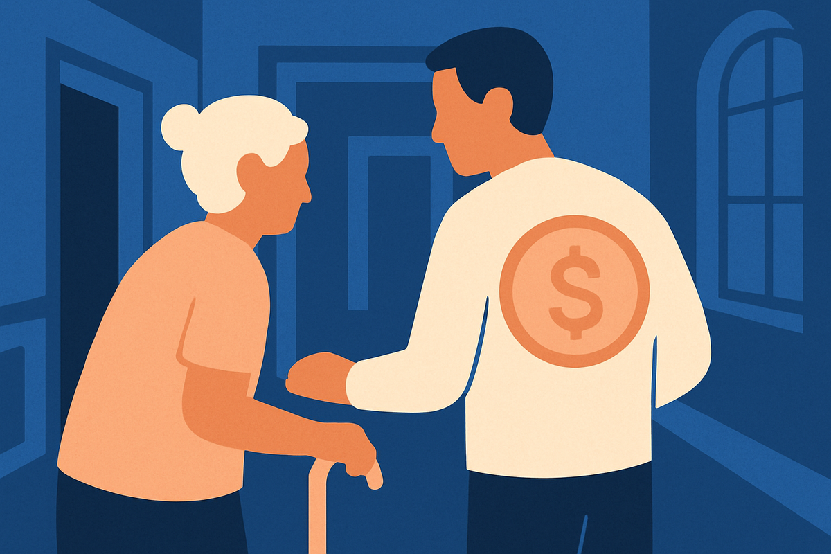 An older woman with a cane talks with a man whose shirt shows a dollar-coin emblem