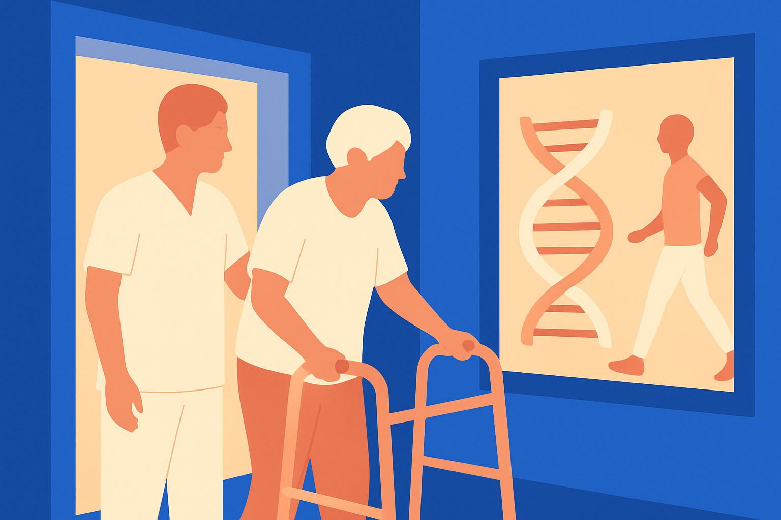 A care aide helps an older woman using a walker beside a poster of DNA and a walking figure