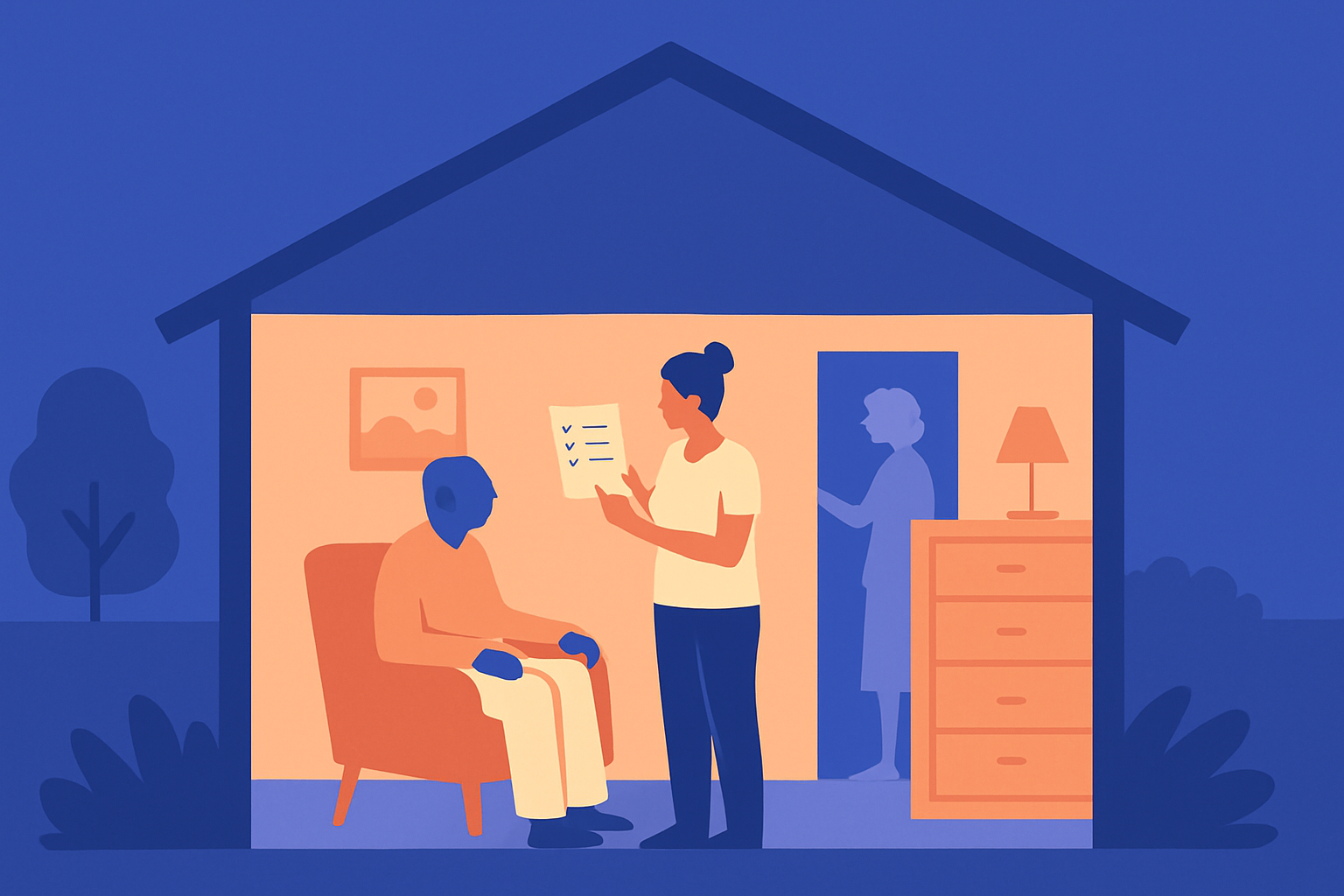 A woman shows a checklist to a seated older man at home, an older woman nearby