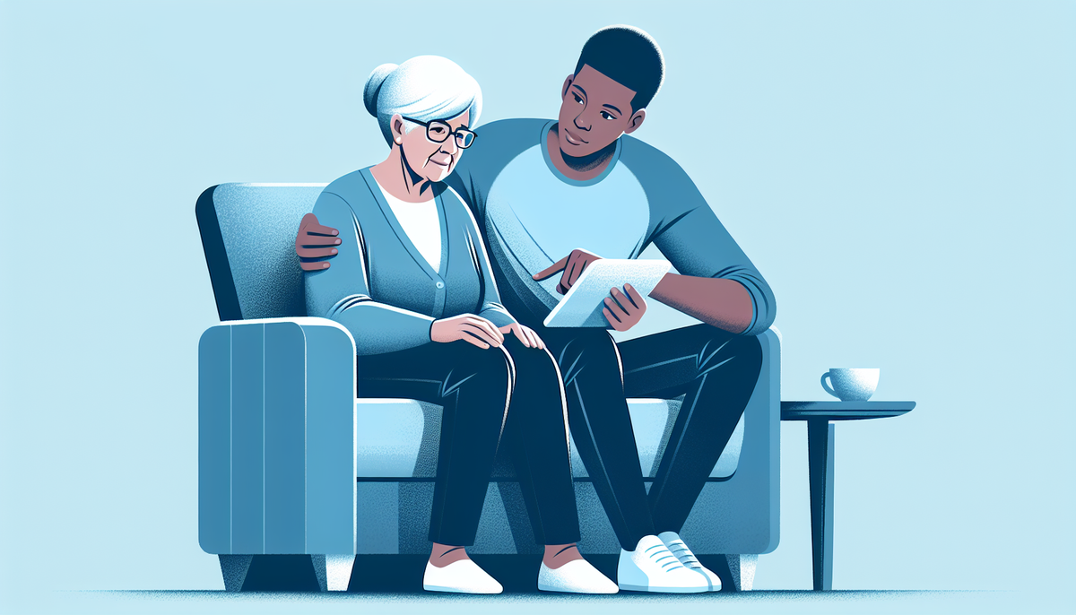 An elderly person and a younger person (possibly a family member or caregiver) sitting together, learning how to use a video calling platform on a tablet or computer. The younger person should be depicted in a helping and patient manner while the elderly person looks engaged and interested. Use soft, comforting shades of blue to convey the sense of support and learning.
