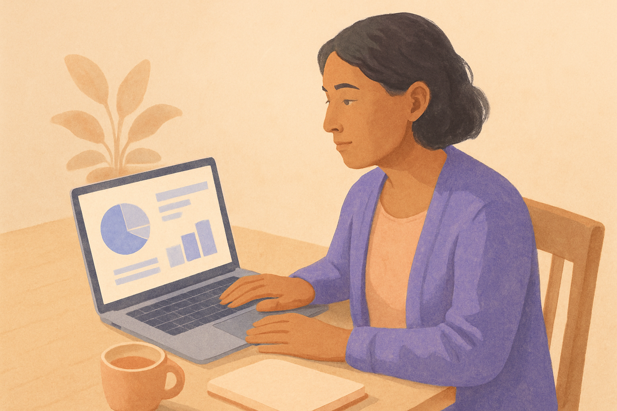 A care manager at their desk, working from a laptop with a notebook and tea nearby