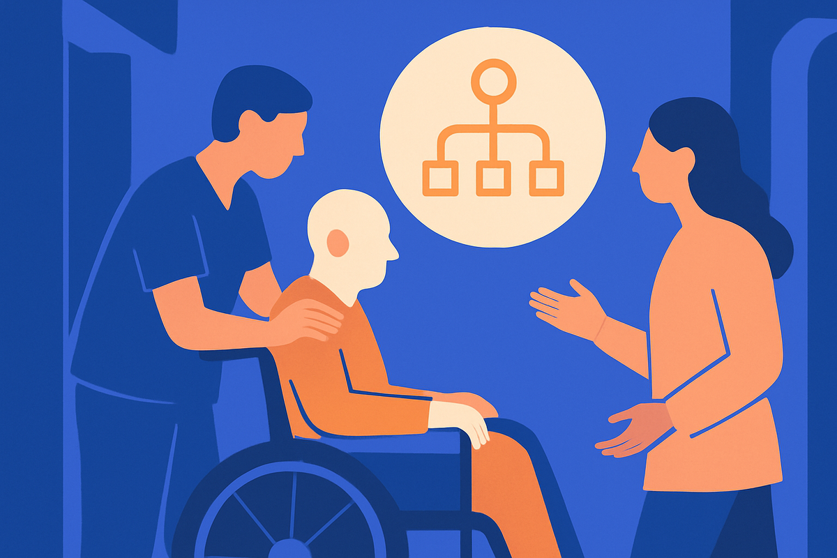 A care worker and a woman attend to an older man in a wheelchair, a network diagram icon above