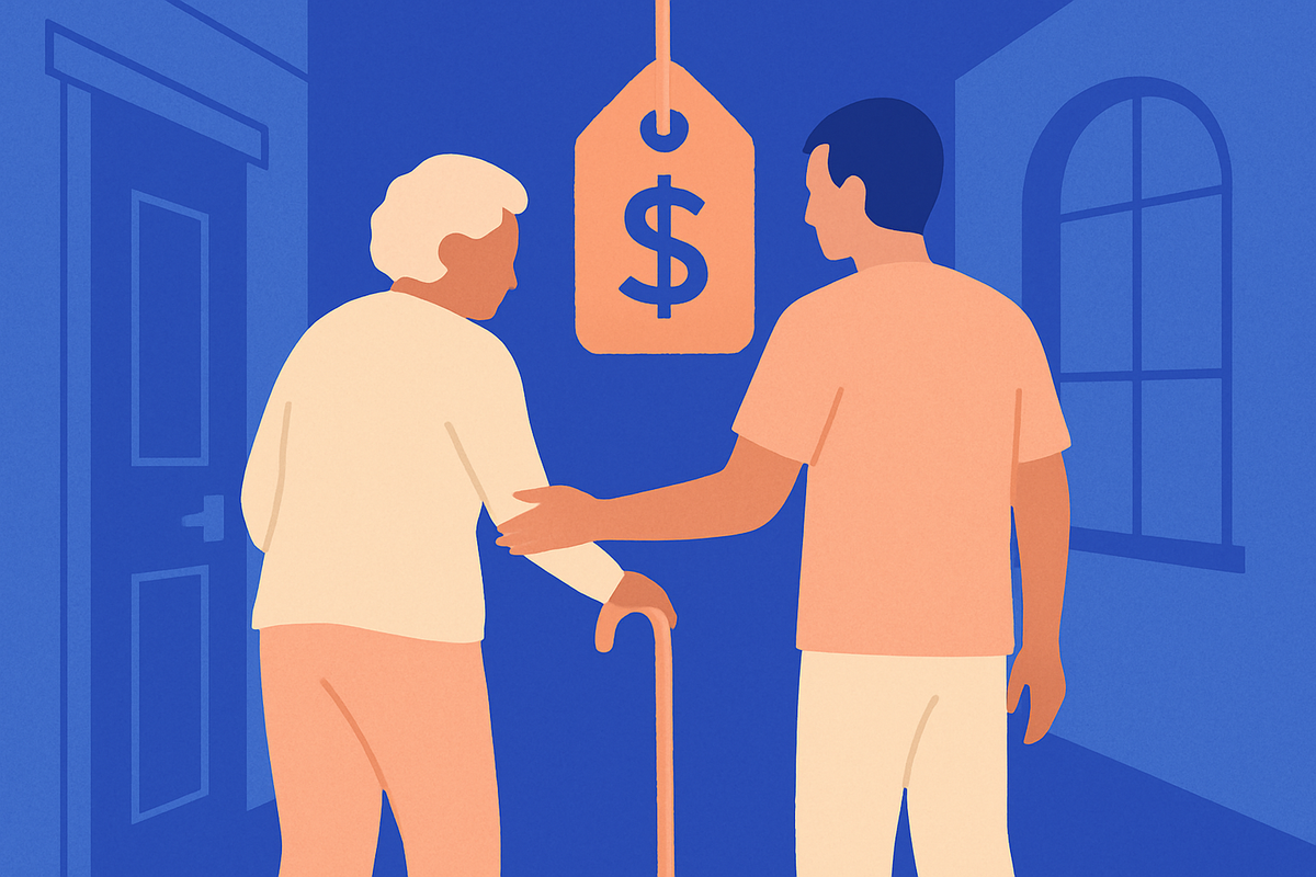 A young man supports an older woman with a cane, a dollar-sign price tag hanging above