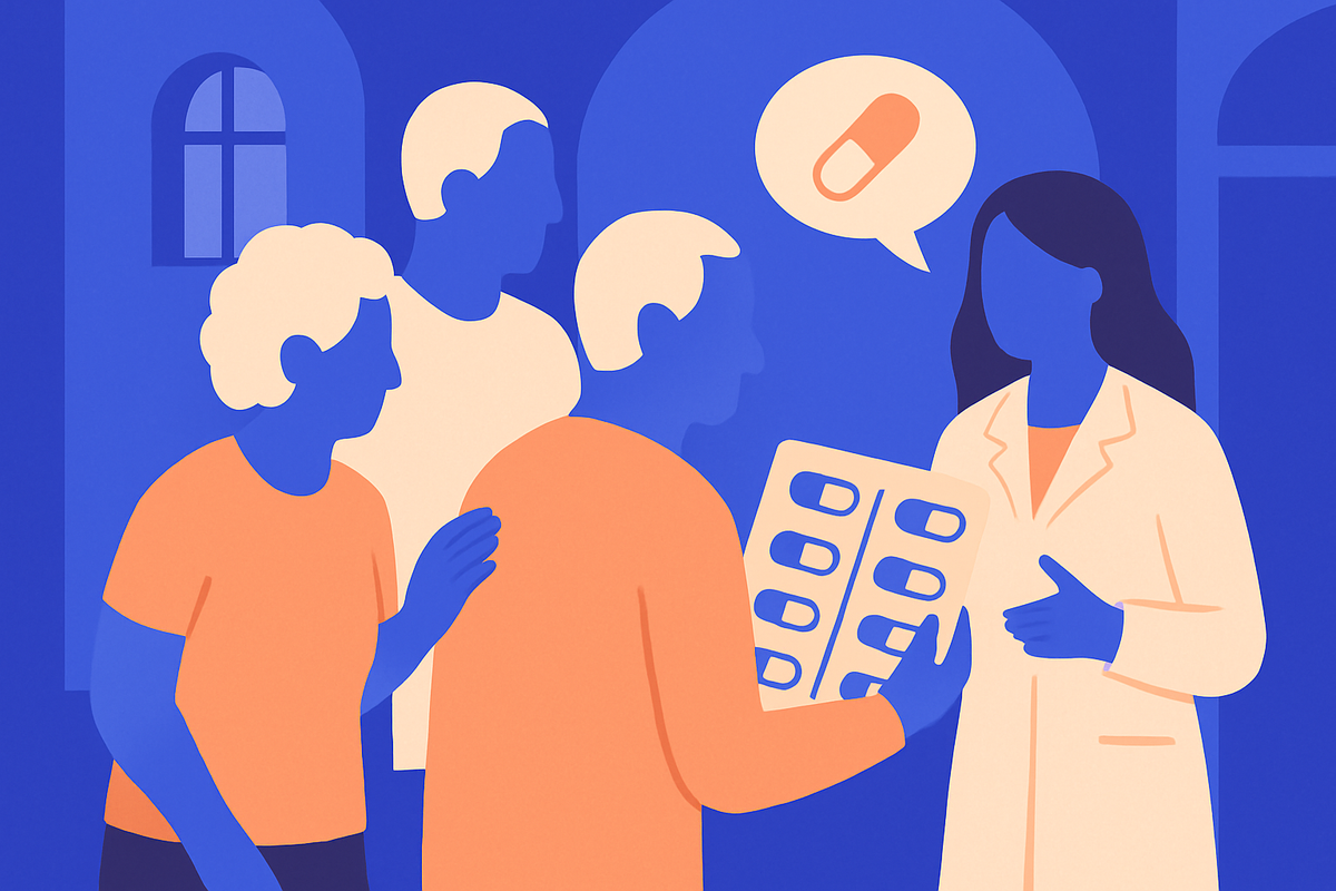 A family holds a blister pack while talking with a pharmacist, a pill speech bubble above